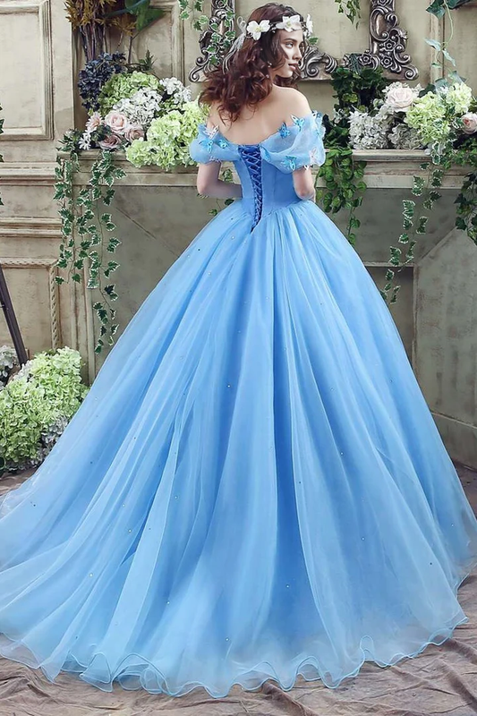 A-line Princess Blue Off-the-shoulder Butterfly Tulle Ball Gown Prom Dress