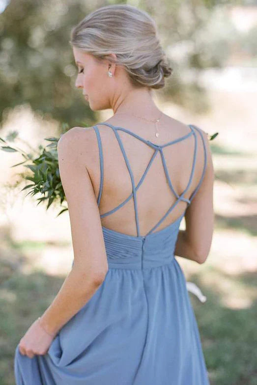 A-line Spaghetti Straps Pleated Dusty Blue Long Bridesmaid Dress/Formal Women's Dresses