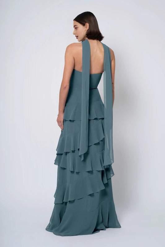 A-line Strapless Cowl Neck Ruffle Tiered Chiffon Discount Floor Length Prom Dresses Custom Off the Shoulder Evening Dresses