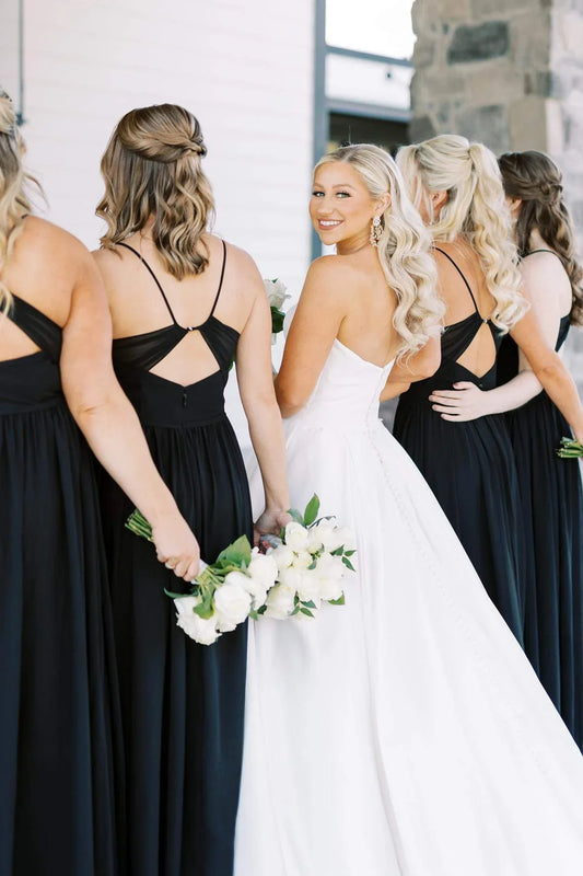 A-line Straps Black V-Neck Long Bridesmaid Dress/Formal Women's Dresses