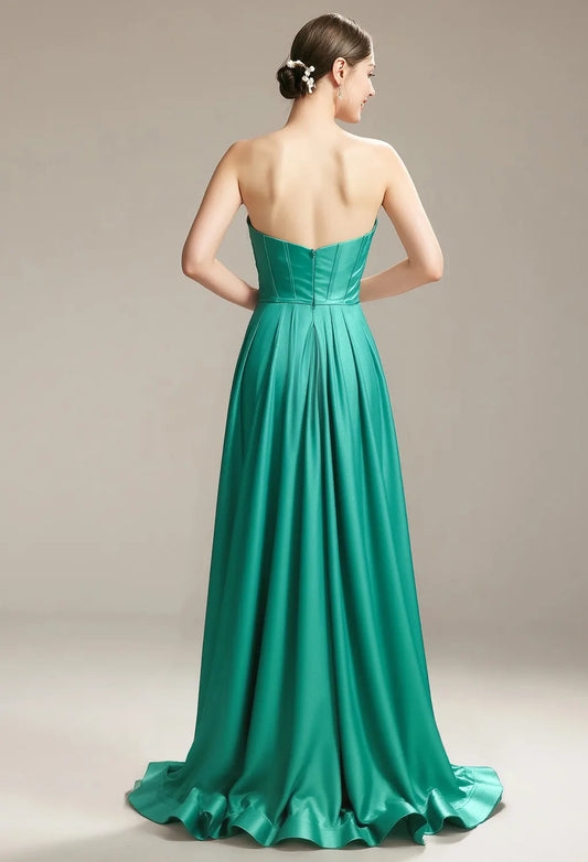 A-line Sweetheart Neckline Strapless Floor Length Prom Dresses Satin Sleeveless Pleat Discount Long Bridesmaid Dresses