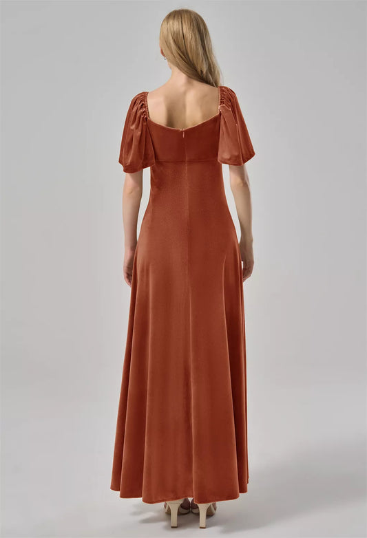 A-line V-Neck Ankle Length Short Sleeves Prom Dresses Velvet Chic Ruching With Sleeves Evening Dresses For Women