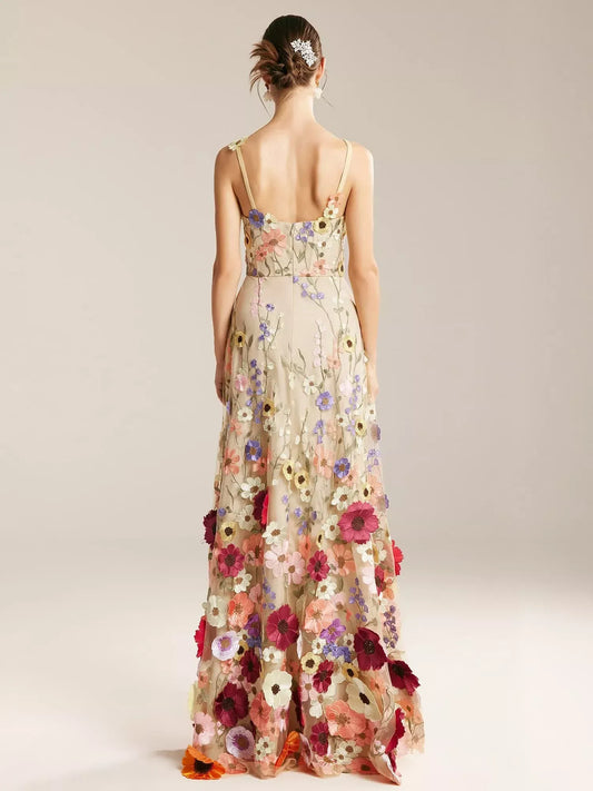 A-line V-Neck Elegant Floor Length Prom Dress Tulle 3D Floral Embroidered Sleeveless Hot Sale Long Evening Dresses