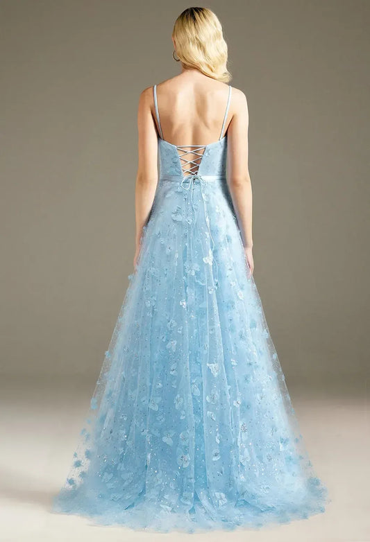A-line V-Neck Spaghetti Straps Floor Length Evening Dresses Tulle Sleeveless 3D Floral Embroidered Affordable Strapless Prom Dresses