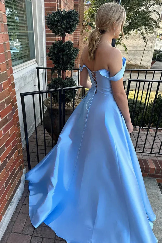 A-line Floor Length Lace-Up Off-the-Shoulder Prom Dressees