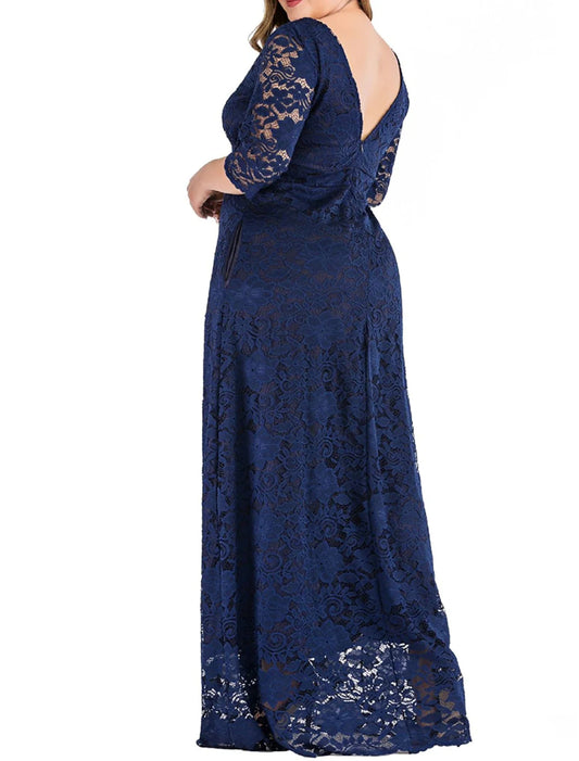 Women's Plus Size Prom Dress Party Dress Lace Dress Long Dress Maxi Dress Black Red Dark Blue 3/4 Length Sleeve Plain Lace Summer Spring Fall Crew Neck Elegant Wedding Guest Birthday Evening Party