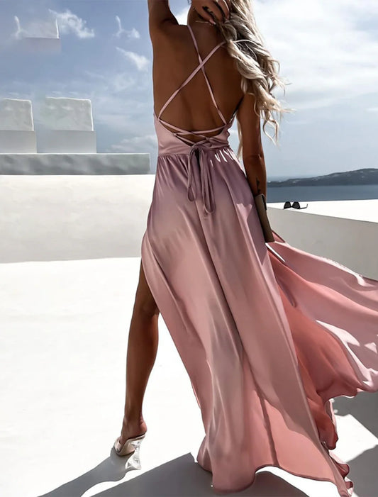 Women's Prom Dress Party Dress Satin Dress Pink Dress Long Dress Maxi Dress Fuchsia Khaki Sleeveless Pure Color Backless Summer Spring Fall Spaghetti Strap Fashion Birthday Evening Wedding Guest