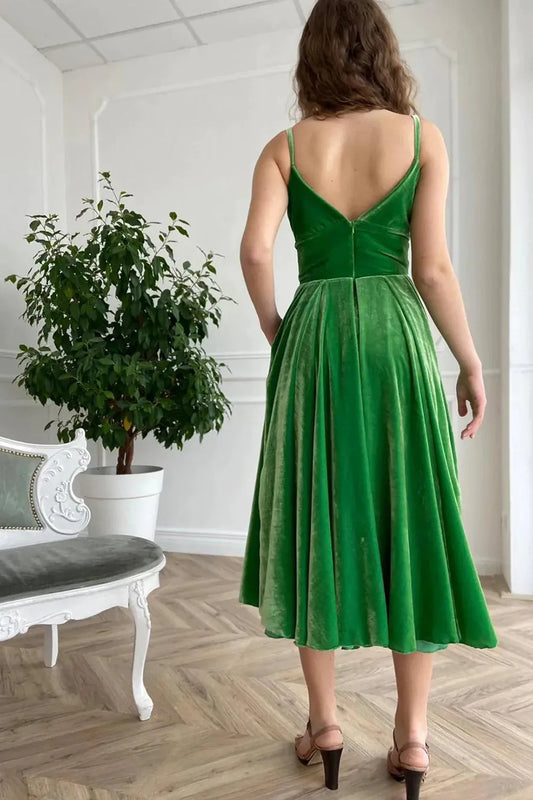 A Line Spaghetti Straps Green Velvet Holiday Party Dress Prom Dress With Slit