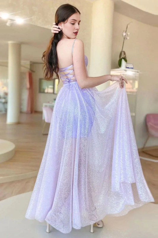 A Line Tulle Spaghetti Straps Lilac Corset Prom Dress with Criss Cross Back