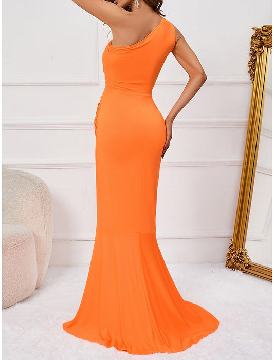 Women's Party Dress Wedding Guest Dress Bodycon Long Dress Maxi Dress Orange Sleeveless Pure Color Ruched Spring Fall Winter One Shoulder Fashion Winter Dress Wedding Guest Evening Party
