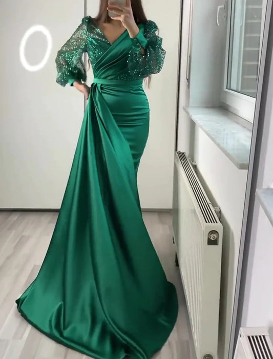Mermaid Evening Dress Champagne Gown Sparkle Sequin Dress Formal Black Tie Floor Length Long Sleeve V Neck Satin With Buttons Pearls