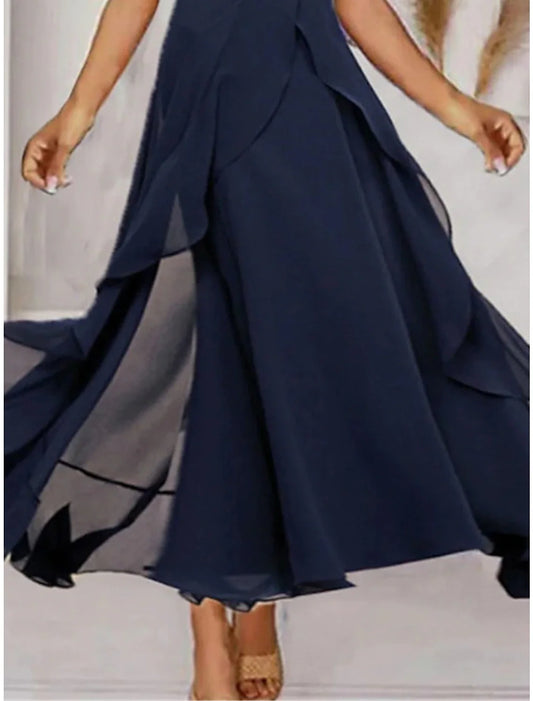 Women's Prom Dress Party Dress Wedding Guest Dress Long Dress Maxi Dress Navy Blue Short Sleeve Pure Color Ruffle Summer Spring Fall V Neck Fashion Evening Party Wedding Guest Vacation