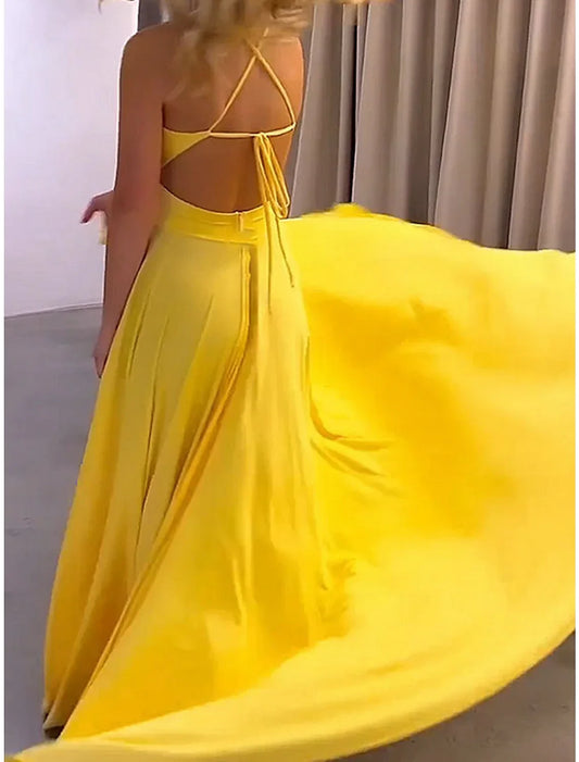 Women's Prom Dress Party Dress Sheath Dress Long Dress Maxi Dress Yellow Sleeveless Pure Color Ruched Fall Winter Autumn Spaghetti Strap Fashion Evening Party Vacation