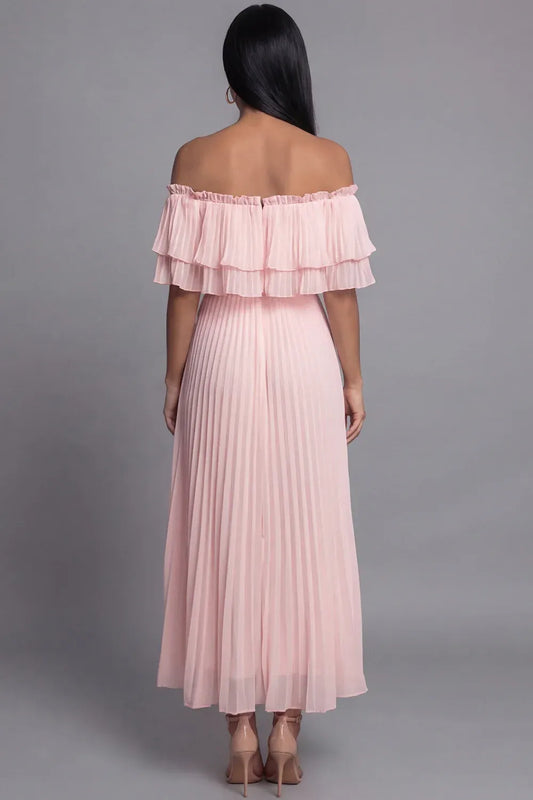 Airy A-Line Off Shoulder Short Sleeve Pleated Maxi Dress