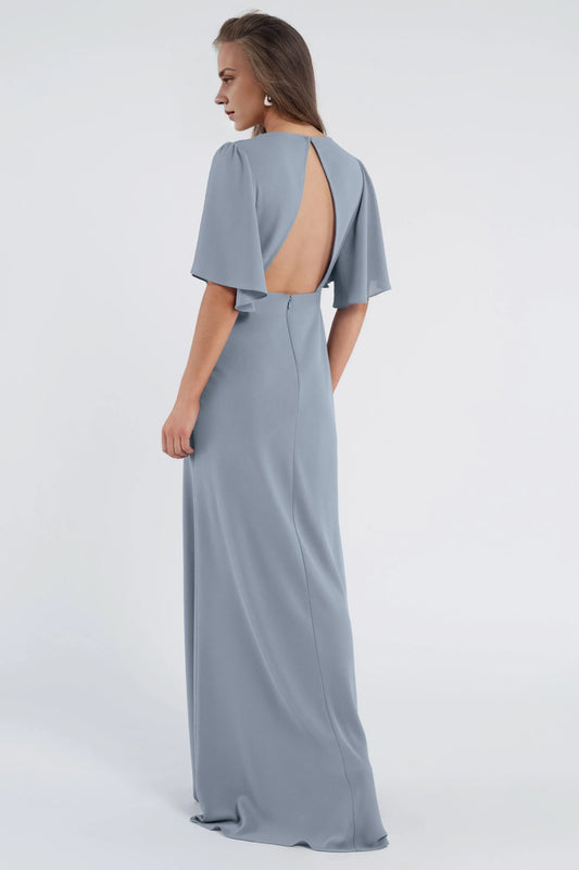 A line V Neck No Slit Flutter Sleeve Beautiful Floor Length Prom Dresses Backless With Sleeves Evening Dresses for Women