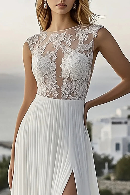 Alluring A Line Boat Neck Sleeveless Chiffon Sweep/Brush Train Wedding Dress