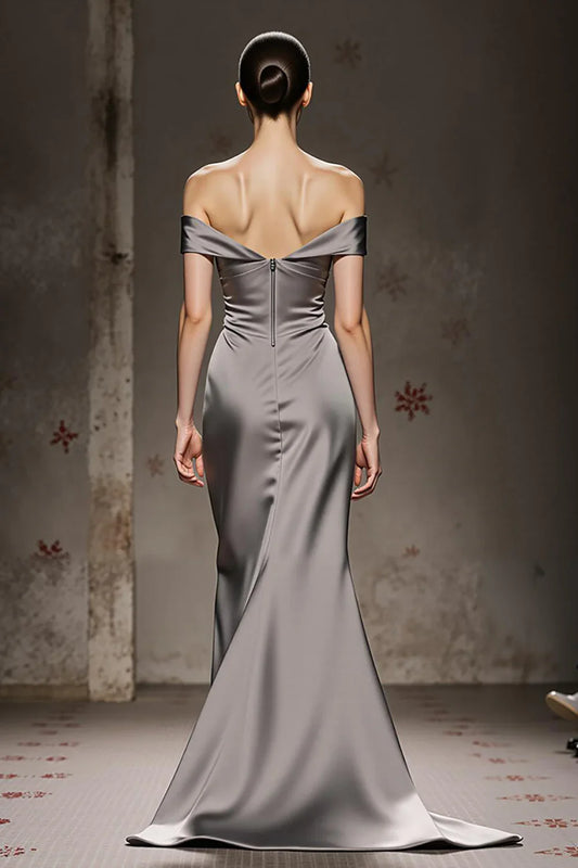 Alluring Mermaid/Trumpet Off the Shoulder Sleeveless Satin Sweep/Brush Train Prom Dress