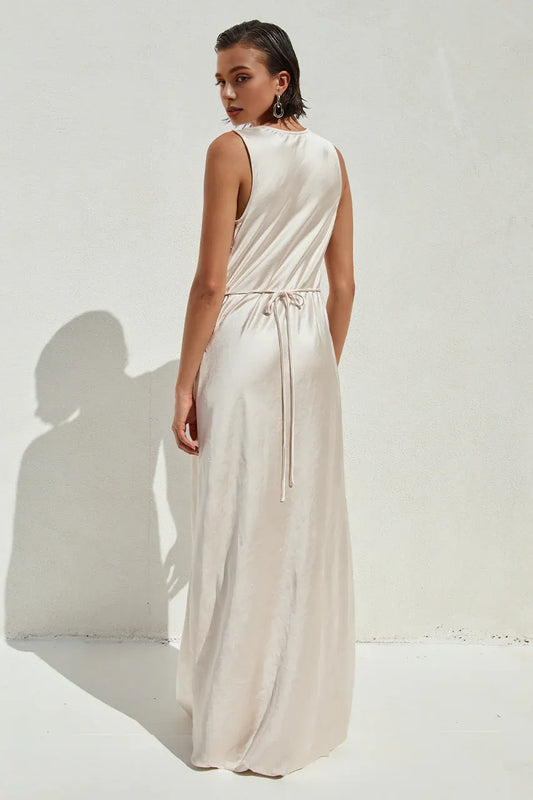 Alluring Sheath/Column V Neck Sleeveless Satin Floor Length Prom Dress