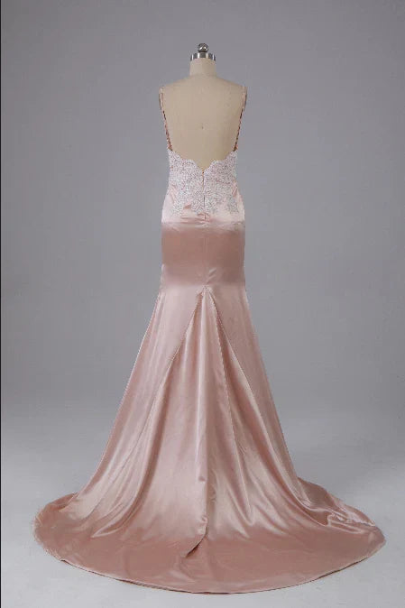Formal Wear Dresses Pearl Pink Open Back Sweep Train Prom Dress with Lace Appliques Prom Dresses Shops Formal Women's Dresses