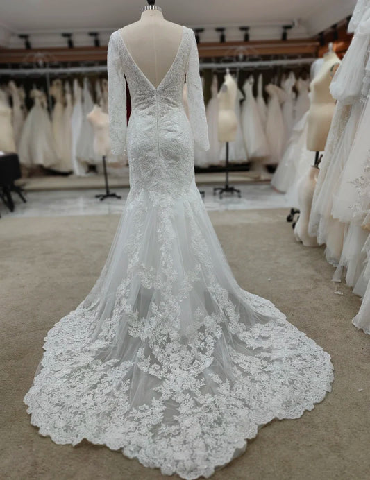 Backless Bohemian Simple V-Neck Long Sleeve Lace Wedding Dress With Train