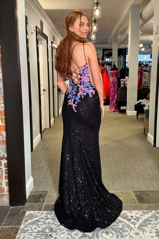 Backless Sleeveless Black V Neck Sequin Lace Up Mermaid Long Prom Dresses