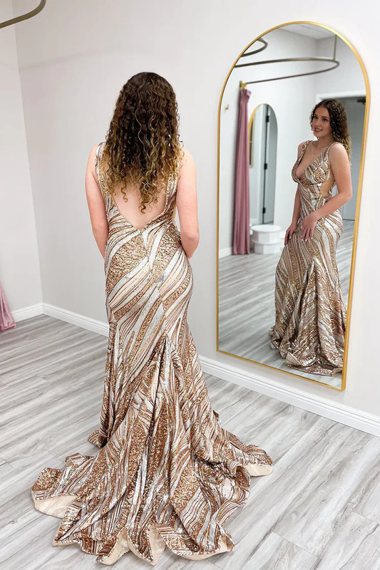 Backless Sleeveless Gold Seqnins Mermaid Deep V Neck Long Prom Dresses