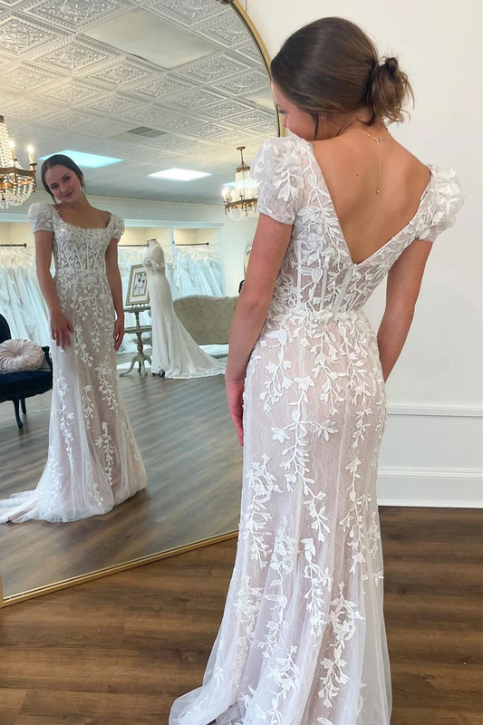Backless Square Neck Puff Sleeves Appliques Tulle Floor Length Prom Dress