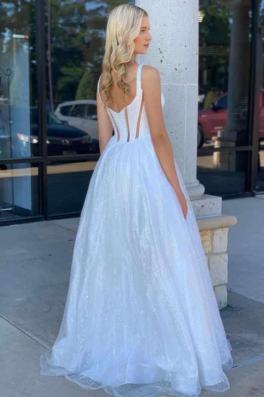Backless Square Neck White Floor Length A-Line Sequin Long Prom Dresses