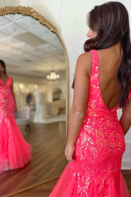 Backless Tulle Fuchisa V Neck Sequin Lace Mermaid Long Prom Dresses