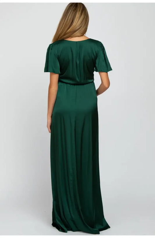 Bargain A-Line V Neck Short Sleeve Satin Floor-Length Prom Dress