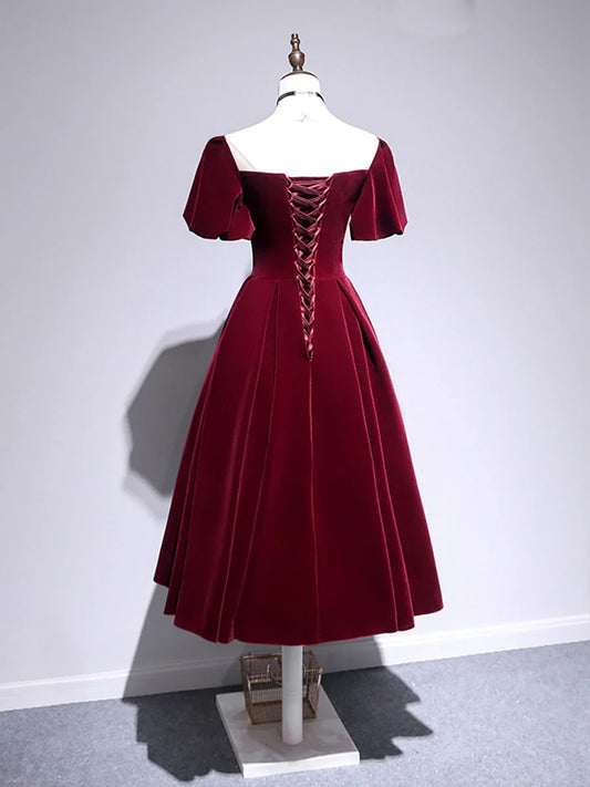 Beautiful A line Velvet V Neck Tea Length Prom Dresses