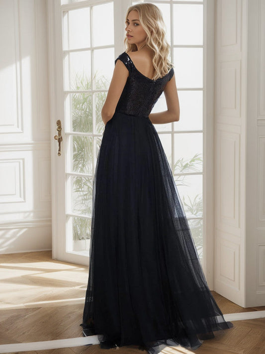 Shiny Sequin Bodice Off the Shoulder Maxi Tulle Evening Dress