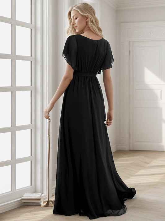 A-Line Pleated Chiffon Tie-Waist Evening Dress