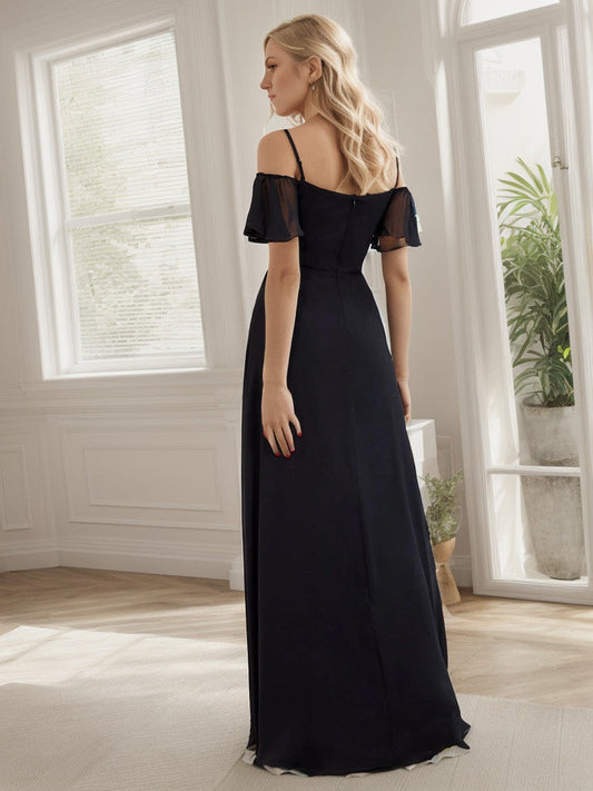 Chiffon Off-The-Shoulder Side Slit Bridesmaid Dress with sleeves