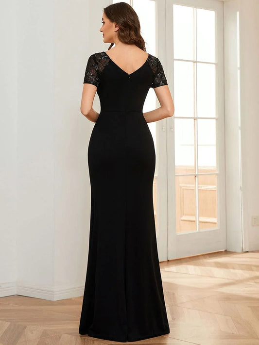 Deep V-Neck Sequin Short Sleeve High Side Front Slit Mother of the Bride Dress