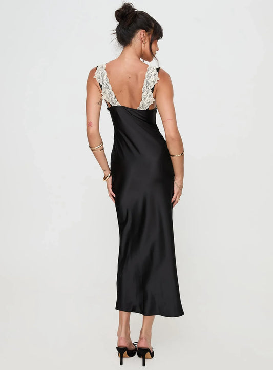 Satin Lace Trimmed V Neck Backless Midi Dress Affordable Black Lace Prom Dresses
