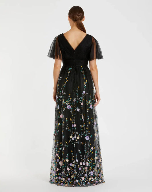 Dress Black Embroidered Butterfly Sleeve Empire Waist Dress Maxi Dress Evening Dress A-Line Short Butterfly Sleeve Prom Dress