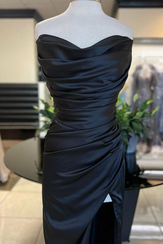 Mermaid Strapless Long Satin Pleated Prom Dress with Slit