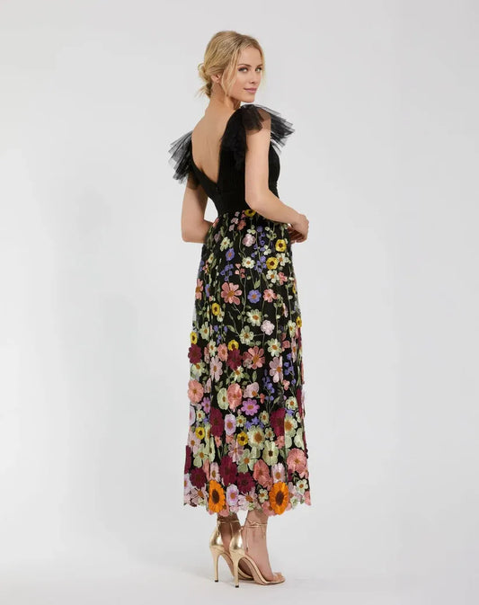 Dress Black Multicolor Embroidered Flutter Sleeve Floral Maxi Dress Evening Dress A-Line Ruffled Pleated Prom Dress