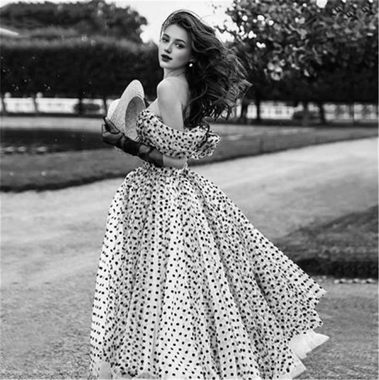 Formal Wear Dresses Off-the-Shoulder Black Polka Dot Tulle Gown Wedding Dress Prom Dress Shops