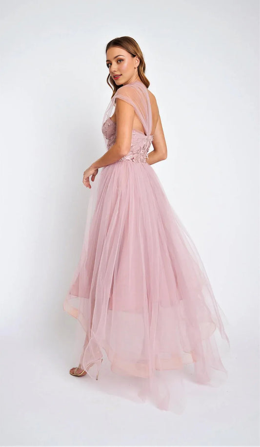 Dress Blush Tulle Gown One Shoulder Neck Embroidered Bodice Tulle Skirt And A High Low Hem Prom Dress