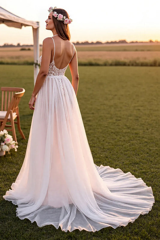 Boho A-Line Spaghetti Straps Sleeveless Chiffon Sweep Train Wedding Dress
