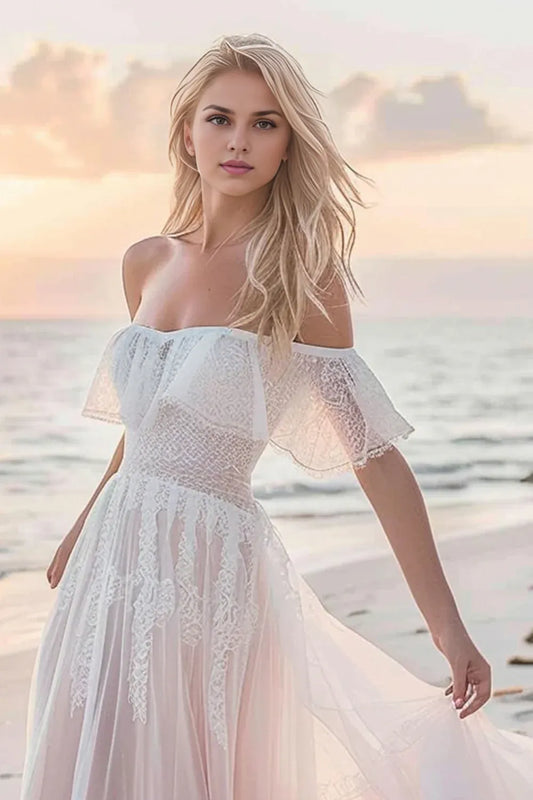 Boho A Line Off the Shoulder Sleeveless Lace Sweep/Brush Train Wedding Dress