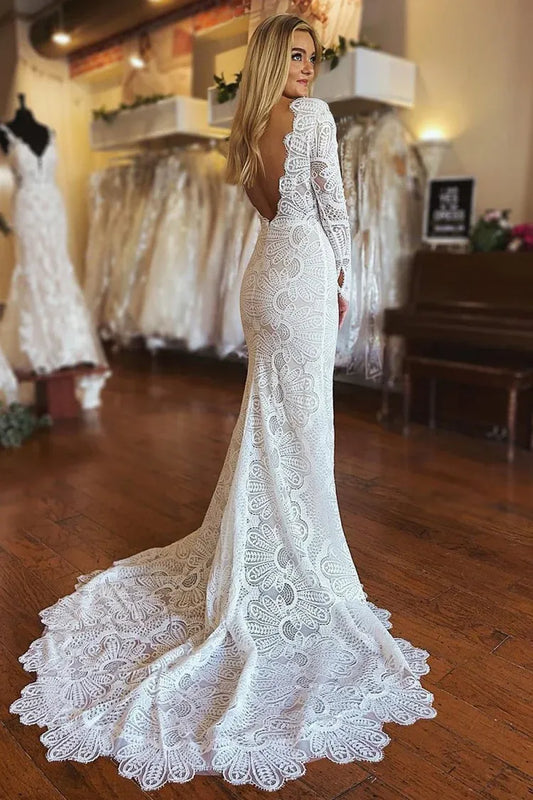 Boho Mermaid V Neck Long Sleeve Appliques Lace Sweep Train Wedding Dress