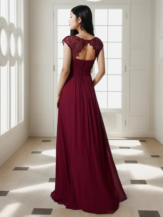 Maxi Lace Cap Sleeve Long Formal Evening Dress