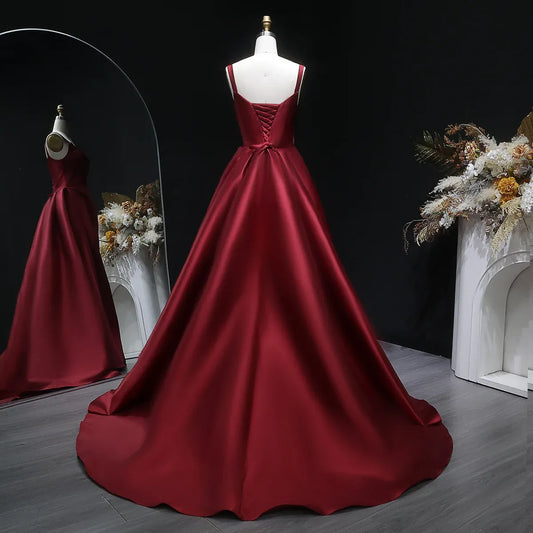 Burgundy Spaghetti Strap Ruched Corset Back Satin A-Line Train Prom Dress