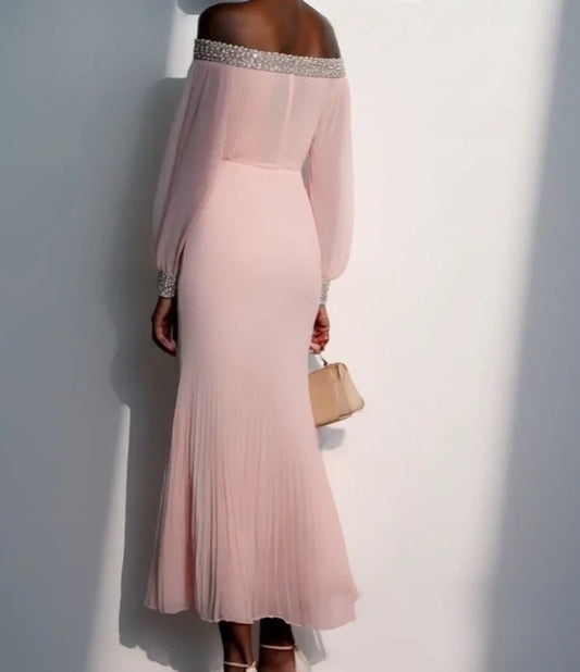Charming A-Line Off The Shoulder Balloon Sleeve Backless Tea-Length Prom Dress