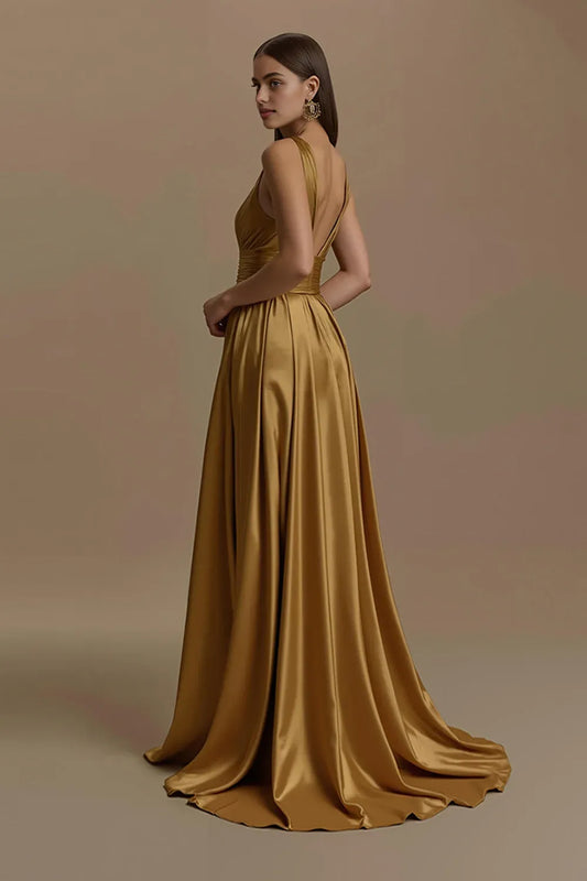 Charming A-Line V Neck Sleeveless Satin Sweep/Brush Train Prom Dress