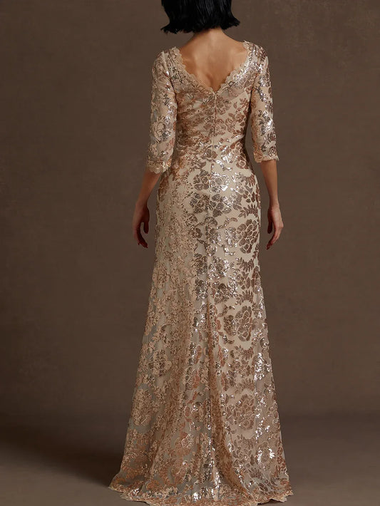 Charming Mermaid Crew Neck Three Quarter Sleeve Back Zip Floor-Length Evening Dress