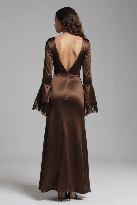 Charming Mermaid/Trumpet V-Neck Long Sleeve Satin Floor-Length Prom Dress